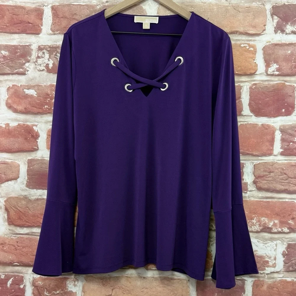 Michael Kors Top Women's XL Purple Lace Up Bell Sleeve Casual Stretchy Shirt - Picture 6 of 8